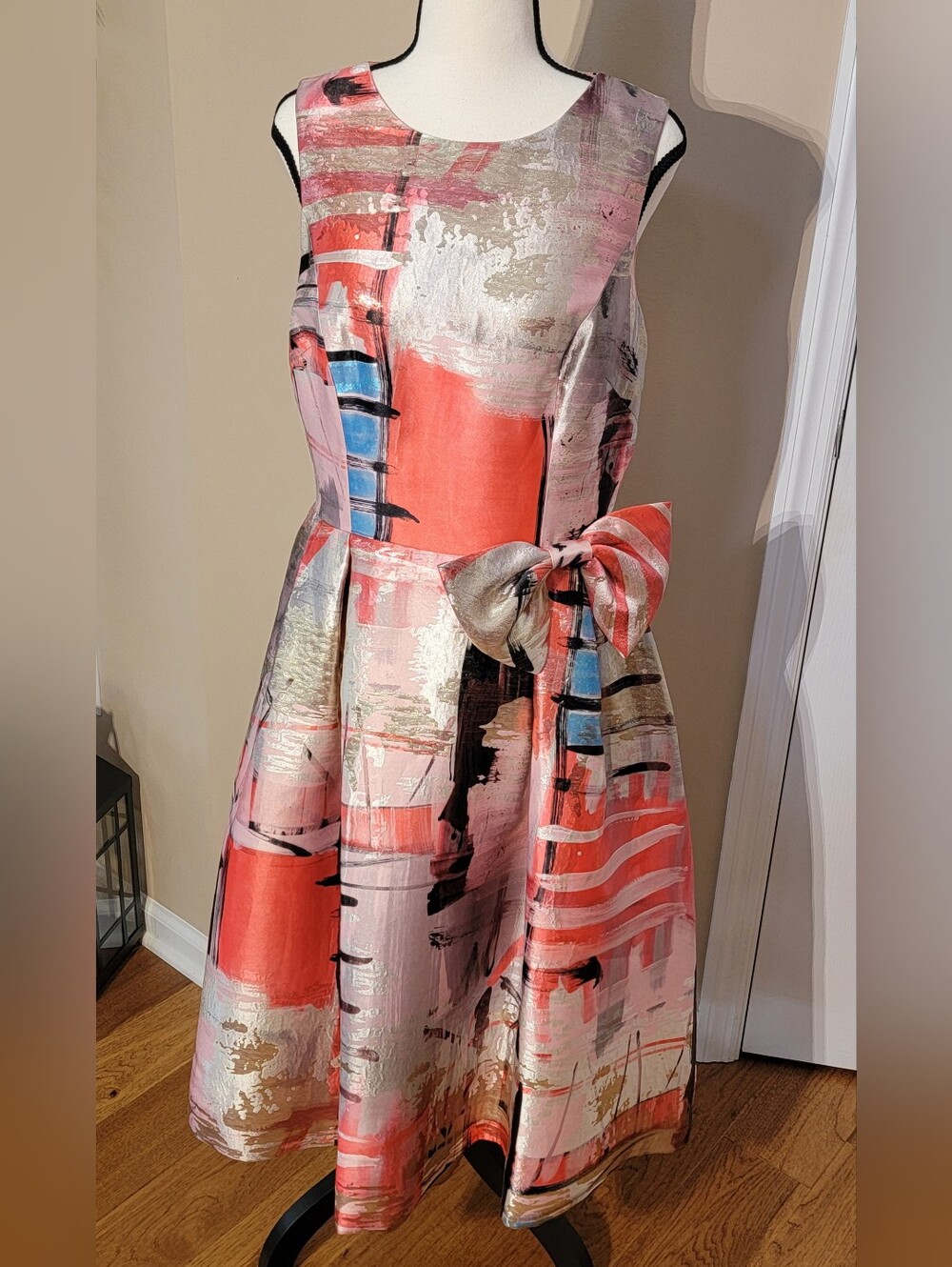 Rickie Freeman Teri Jon Dress Size 8 Abstract Art Metallic Cocktail Party Bow